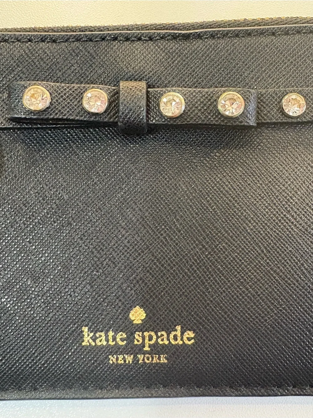 kate spade Black Leather Card Holder with Gold Keyring and Crystal Accents